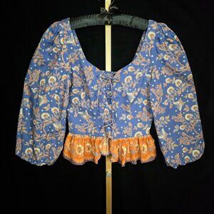 NWT House of Harlow 1960 Nastassia Blue Floral Billowy Puff Sleeve Smocked Top S